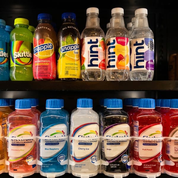 A refrigerated shelf displays colorful Skittles, Snapple, Hint, Culture Pop, and Electrolit beverages.