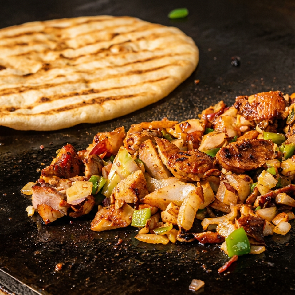 Grilled chicken and vegetables cooking on a flat top griddle next to a grilled flatbread.
