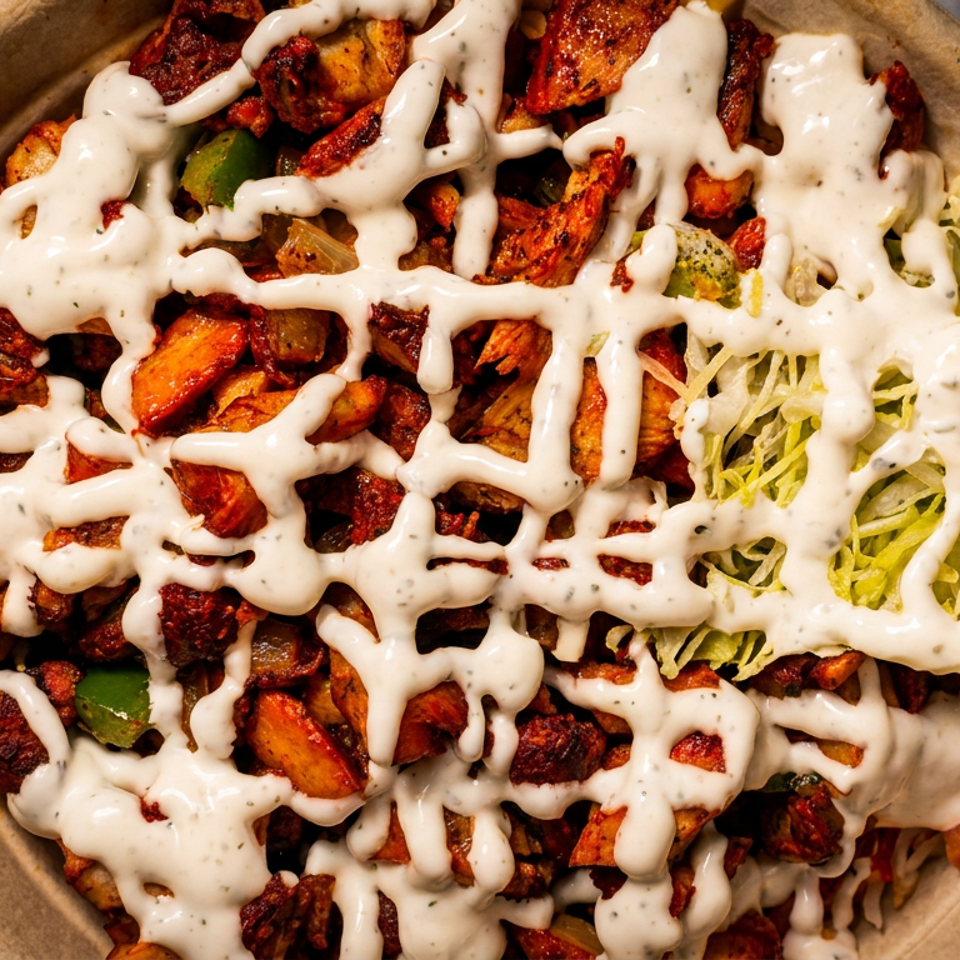 Overhead view of a bowl filled with chicken, potatoes, lettuce, and white sauce.